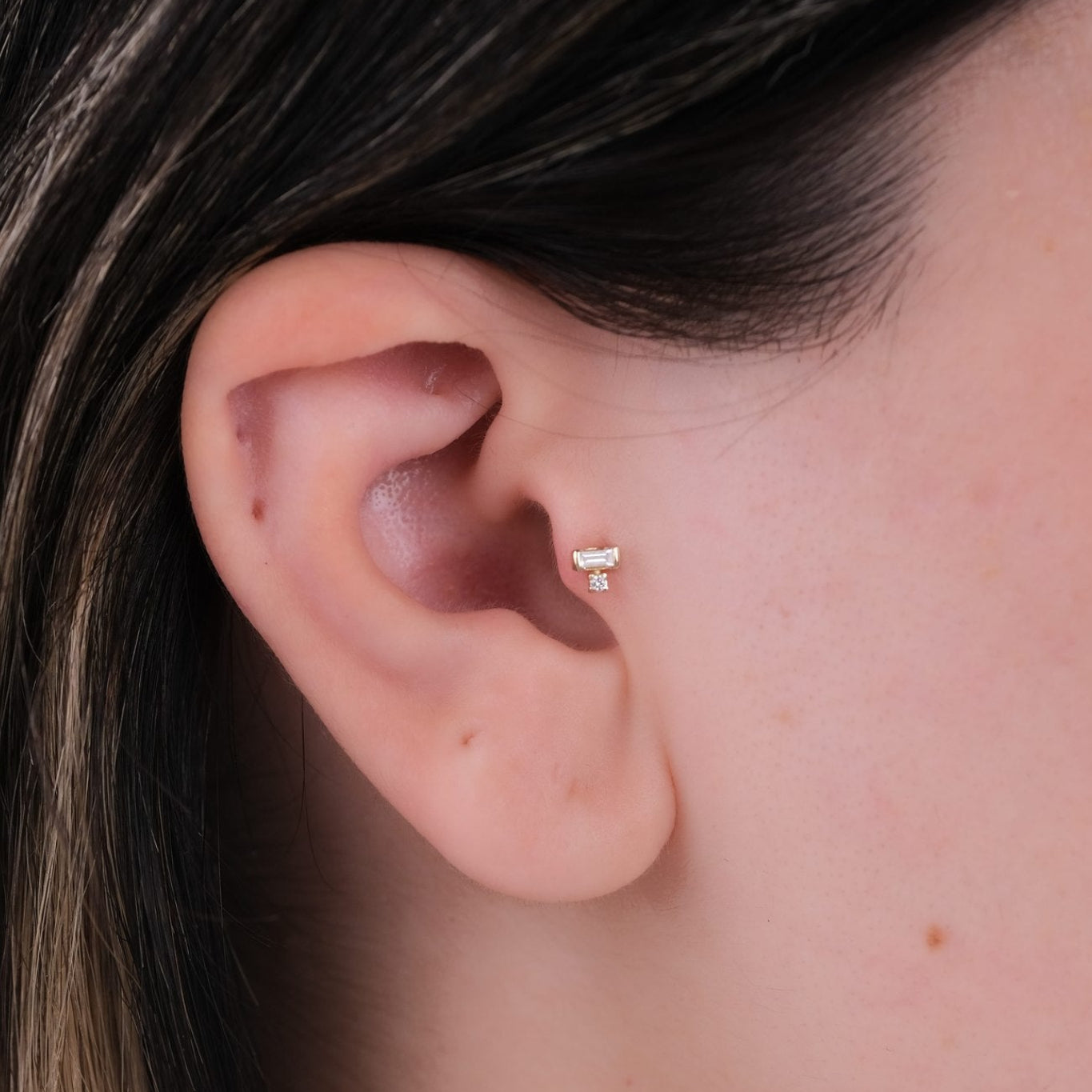 Baget ve Tektaş Pırlantalı Piercing - 14 Ayar Altın