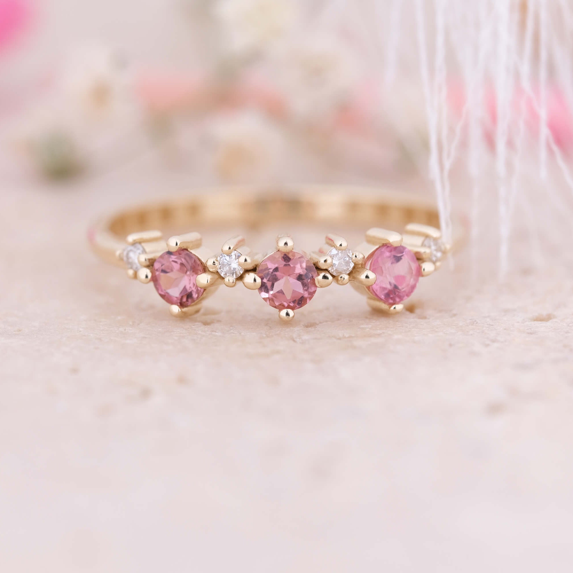 Turmalin Taşlı Pırlantalı Minimal Yüzük