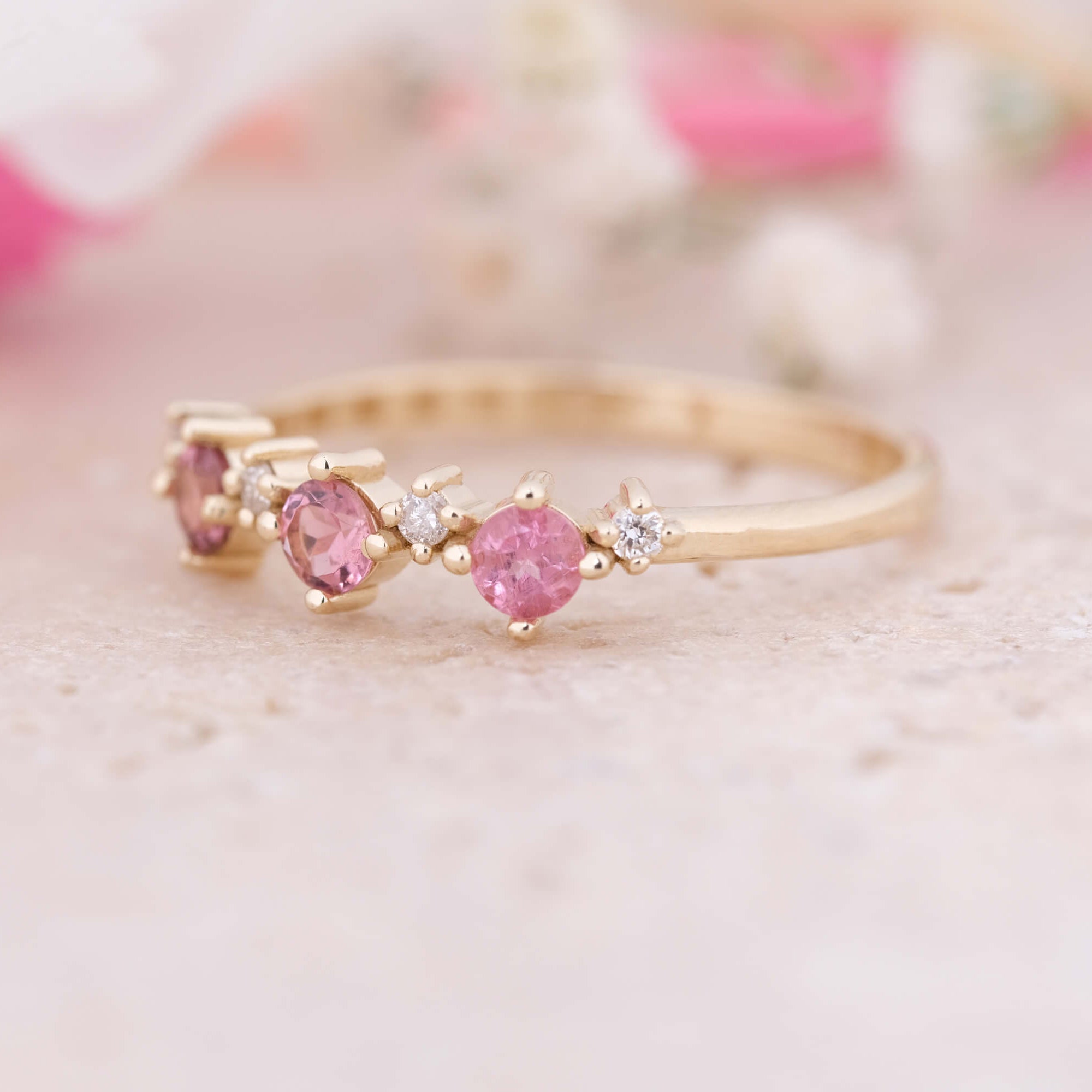 Turmalin Taşlı Pırlantalı Minimal Yüzük