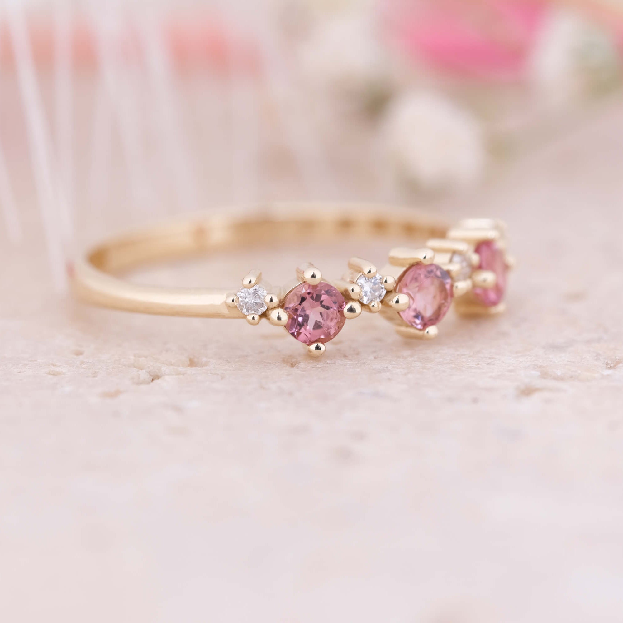 Turmalin Taşlı Pırlantalı Minimal Yüzük