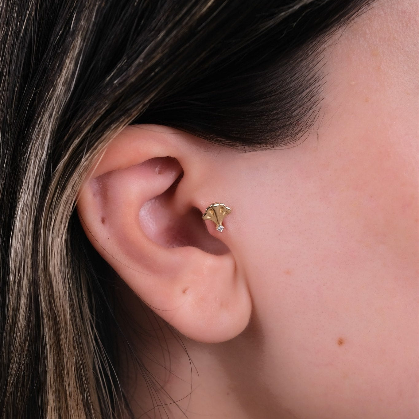 Ginko Yaprağı Piercing - 14 Ayar Altın Pırlanta